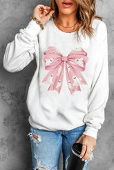 Bow Round Neck Long Sleeve Sweatshirt White OutfitFlow