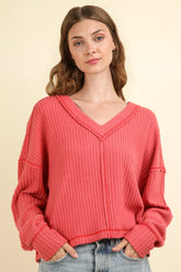 VERY J Exposed Seam V-Neck Ribbed Knit Top Coral OutfitFlow