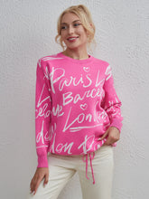 Drawstring Hem Letter Pattern Round Neck Dropped Shoulder Sweater Fuchsia Pink One Size OutfitFlow