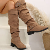 Buckle Round Toe Block Heel Boots Taupe OutfitFlow