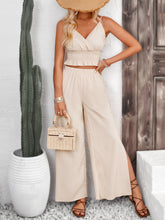 Smocked Surplice Cami and Wide Leg Pants Set Tan OutfitFlow