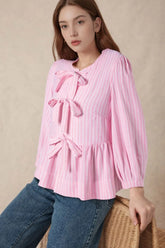 Tie Front Striped Peplum Blouse Blush Pink OutfitFlow
