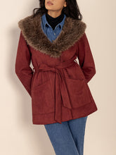 Fuzzy Collared Neck Tie Waist Jacket Burgundy OutfitFlow