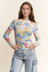 Davi & Dani Multi Printed Mesh Round Neck Long Sleeve Top COBALT MULTI OutfitFlow