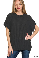 Zenana Short Sleeve Round Neck Sweater BLACK OutfitFlow