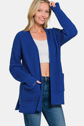Zenana Waffle Open Front Sweater Cardigan LT Navy OutfitFlow