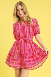 Umgee Printed Tie Waist Puff Short Sleeve Mini Dress Hot Pink OutfitFlow