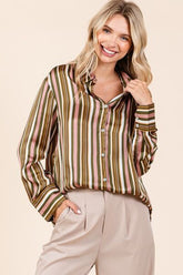 Mittoshop Striped Button Down Satin Shirt MAUVE MULTICOLOR OutfitFlow