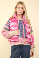 VERY J Shiny Metallic Zip Up Puffer Vest Pink OutfitFlow