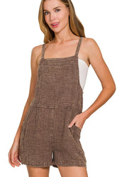 Zenana Washed Double Gauze Tie Back Rompers BROWN OutfitFlow