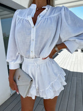 Button Up Top and Ruffled Skirt Set White OutfitFlow