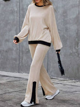 Contrast Round Neck Long Sleeve Top and Bootcut Pants Set Tan OutfitFlow