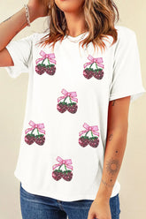 Sequin Cherry Round Neck Short Sleeve T-Shirt White OutfitFlow