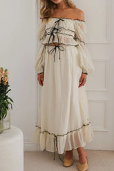 Off-Shoulder Top and Skirt Set Cream OutfitFlow