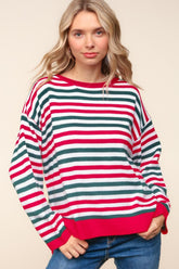 Haptics Full Size Striped Contrast Side Slit Knit Top Red Hunter Green OutfitFlow