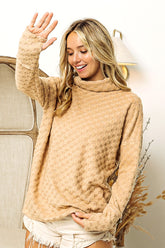 BiBi Checkered Round Neck Thumbhole Long Sleeve Top TAUPE OutfitFlow