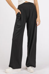 Mittoshop Stretch Banded Waist Wide Leg Pants with Pockets Black OutfitFlow