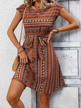 Printed Round Neck Cap Sleeve Dress Caramel OutfitFlow