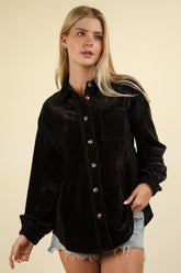 VERY J Mixed Media Button Down Raw Hem Jacket Black OutfitFlow