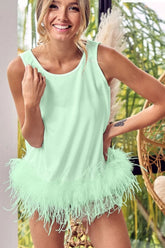 BiBi French Terry Faux Feather Bottom Back Tied Top MINT OutfitFlow