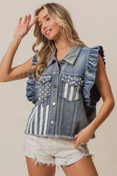 BiBi American Flag Washed Denim Jacket DENIM OutfitFlow
