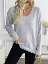V-Neck Long Sleeve Knit Top Light Gray Trendsi