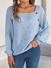 Openwork Buttoned Square Neck Sweater Misty Blue OutfitFlow