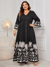 Honey Plus Size Printed V-Neck Long Sleeve Maxi Dress Black OutfitFlow