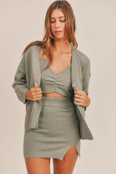 MABLE 3 Pieces Sweater Set with Crop Cami, Mini Skirt, Cardigan Dusty Olive OutfitFlow