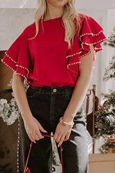 Ruffle Sleeve Pearl Embellished Knit Top Deep Red OutfitFlow