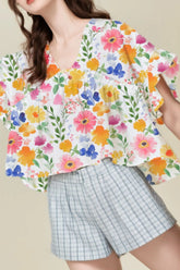 Floral Boxy Fit Ruffled Short Sleeve Blouse Yellow OutfitFlow