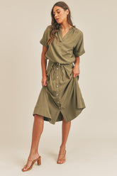 MABLE Short Sleeve Top and Button Down Midi Skirt Set Olive OutfitFlow