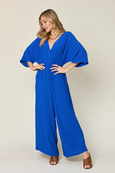 Double Take Full Size Surplice Wide Leg Jumpsuit with Pockets Royal Blue OutfitFlow