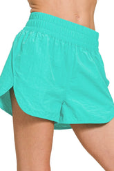 Zenana Windbreaker Smocked Waistband Running Shorts TURQUOISE OutfitFlow