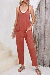 Scoop Neck Spaghetti Strap Jumpsuit Orange-Red OutfitFlow