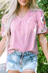 Floral Embroidered Puff Sleeve Blouse Dusty Pink OutfitFlow