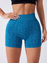 Ruched Leopard High Waist Active Shorts Sky Blue OutfitFlow