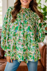 Frill Printed Mock Neck Flounce Sleeve Blouse Green OutfitFlow