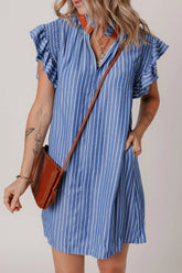 Stripe Frilly Split Neck Shirred Ruffle Sleeve Short Shift Dress Dusty Blue OutfitFlow