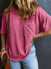 Textured V-Neck Half Sleeve T-Shirt Fuchsia Pink OutfitFlow