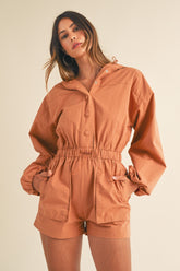 Mable Snap Down Long Sleeve Hooded Romper Tan OutfitFlow