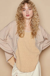 POL Round Neck Lace Detail Oversized Fit Top MOCHA BEIGE OutfitFlow