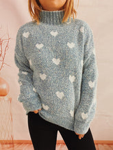 Heart Heathered Turtleneck Drop Shoulder Sweater Misty Blue One Size OutfitFlow