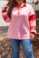 Plus Size Color Block Johnny Collar Long Sleeve Sweatshirt Pink OutfitFlow