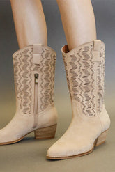 Beast Fashion Faux Suede Laser Cut Detail Block Heel Boots Tan OutfitFlow