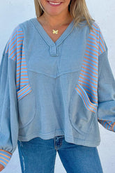 Striped Long Sleeve V-Neck Oversized Sweatshirt Light Blue OutfitFlow