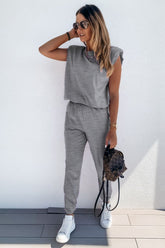 Padded Shoulder Top and Joggers Lounge Set Mid Gray OutfitFlow
