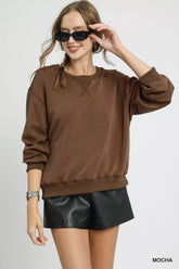 Umgee Round Neck Long Sleeve Fleece Sweatshirt Mocha OutfitFlow