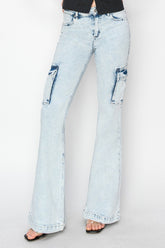 RISEN Full Size High Rise Cargo Flare Jeans Acid Light OutfitFlow