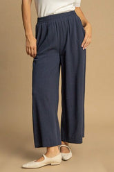 Umgee Full Size High Waisted Embellished Linen Pants Plus Size Dark Blue OutfitFlow